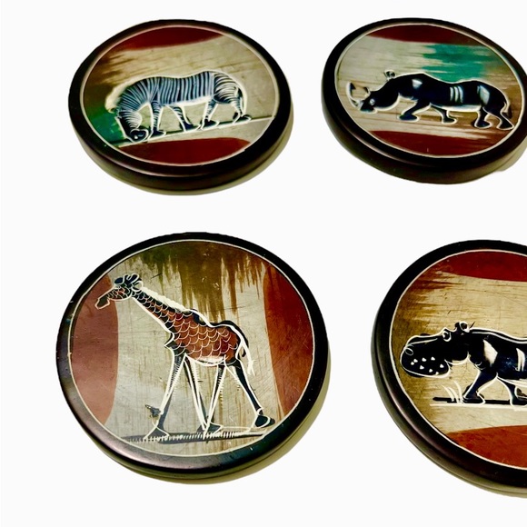 Hand-Painted African Safari Coaster Set with Holder – 7 Pc Animal Decor - Picture 6 of 11